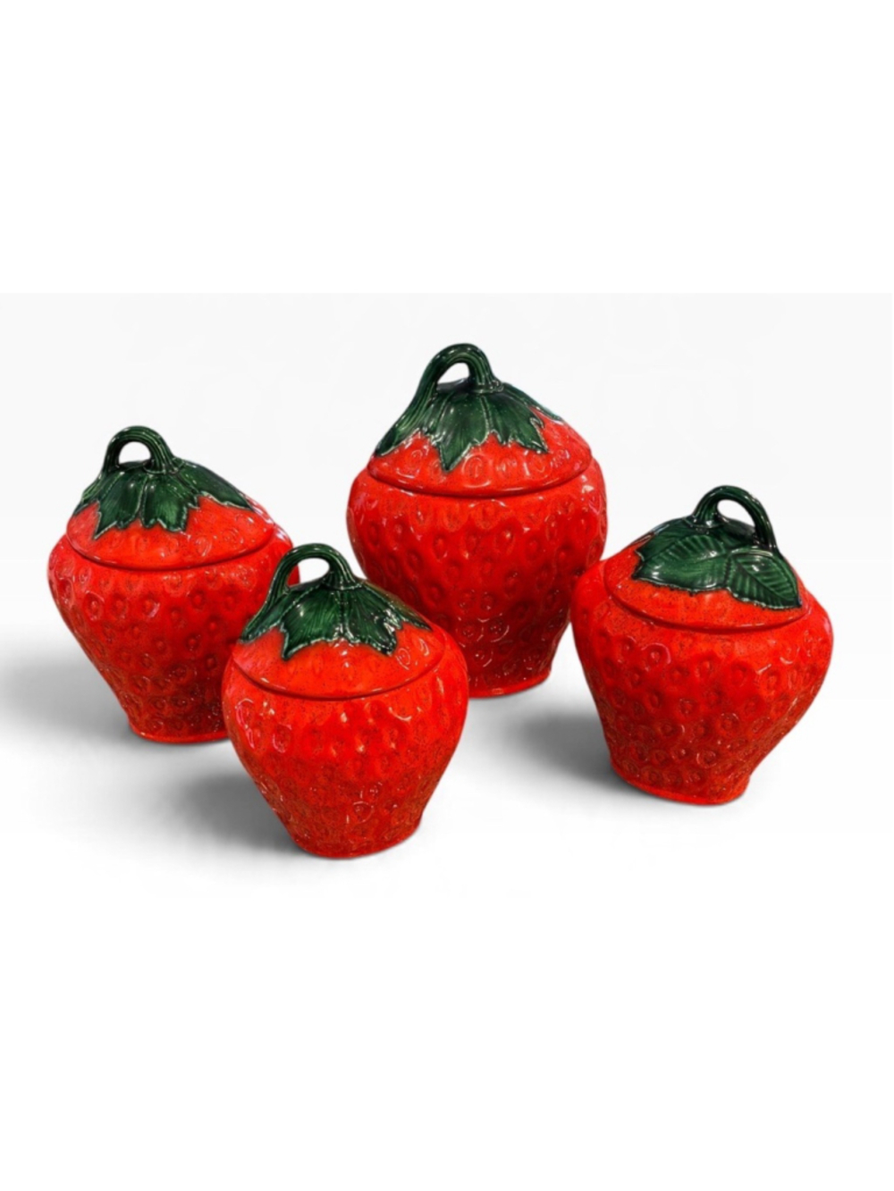Vtg Ceramic Strawberry Canister Set 4 Nesting Jars Lids Cottagecore RetroKitchen